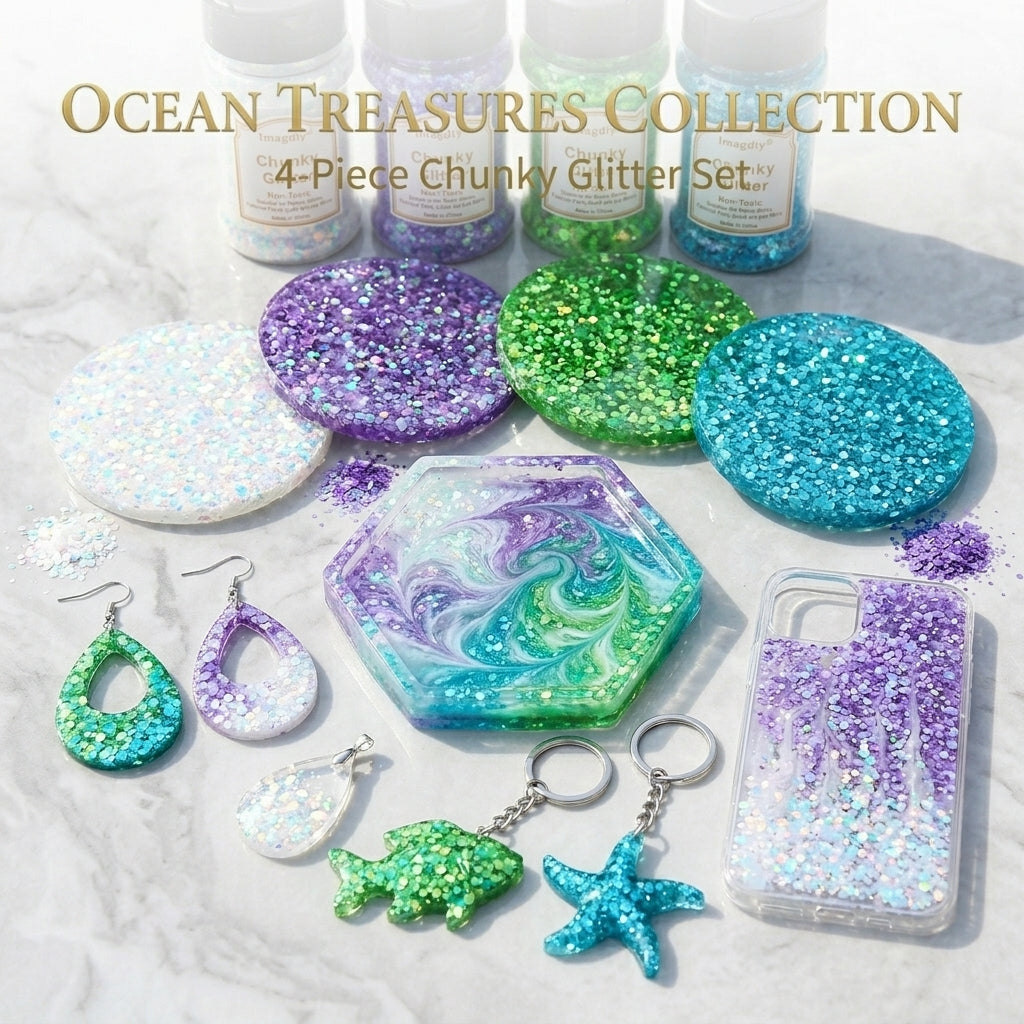 Ocean Treasures 4-Color Chunky Glitter Set – Iridescent Blue, Green & Pearl Tones for Resin Art, Epoxy Tumbler, Jewelry Making & DIY Crafts – Bulk Wholesale Craft Supplies