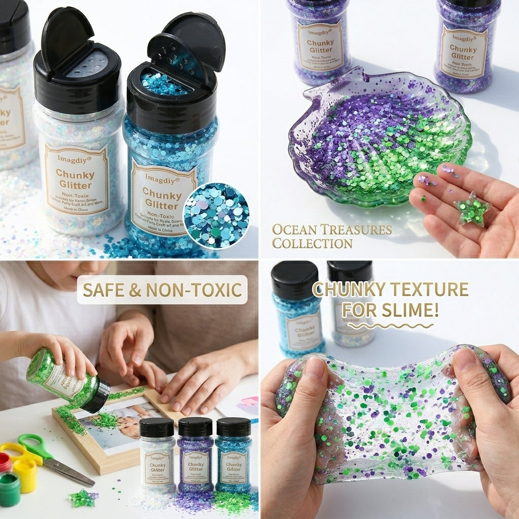 Ocean Treasures 4-Color Chunky Glitter Set – Iridescent Blue, Green & Pearl Tones for Resin Art, Epoxy Tumbler, Jewelry Making & DIY Crafts – Bulk Wholesale Craft Supplies
